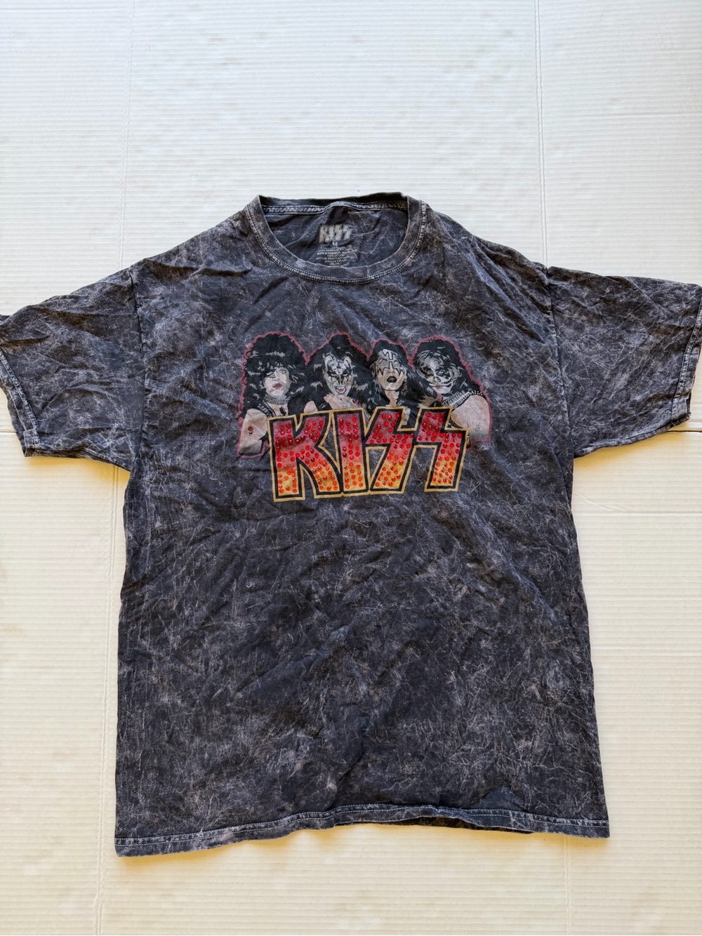 Kiss Black Acid-Wash Tee with Red & Yellow Logo